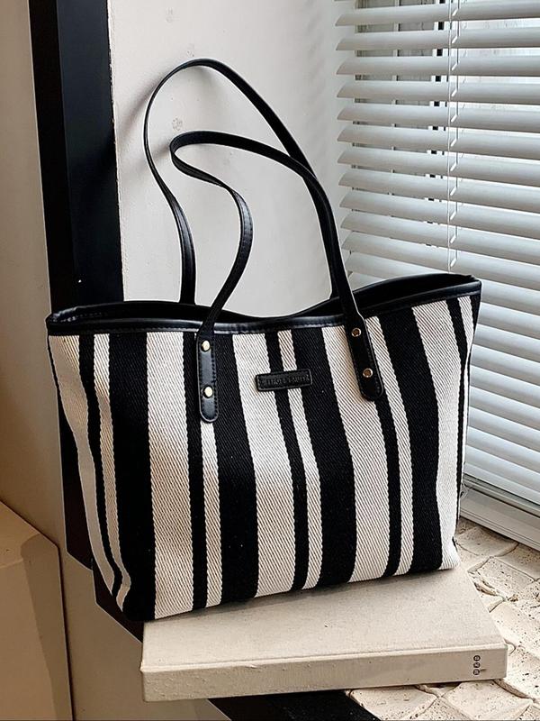 Women's Elegant Striped Pattern Tote Bag, Fashionable Zipper Shoulder Bag for Daily Used, Casual Trendy Versatile High-quality Daily Commuting Bag, Girl Fashionable Shopping Bag