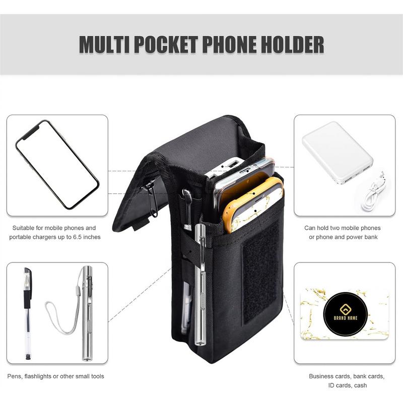 Dual Phone Holster,Belt Phone Pouch, Large Smartphone Pouch Cell Phone Holder, Multi-Purpose Tactical Phone Pouch, Cell Phone Holder for Work, Hiking, Camping, Barbecue, Rescue (Black, XL)