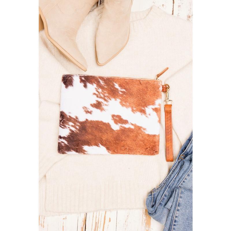 Aili's Corner Faux Fur Cow Animal Print Clutch