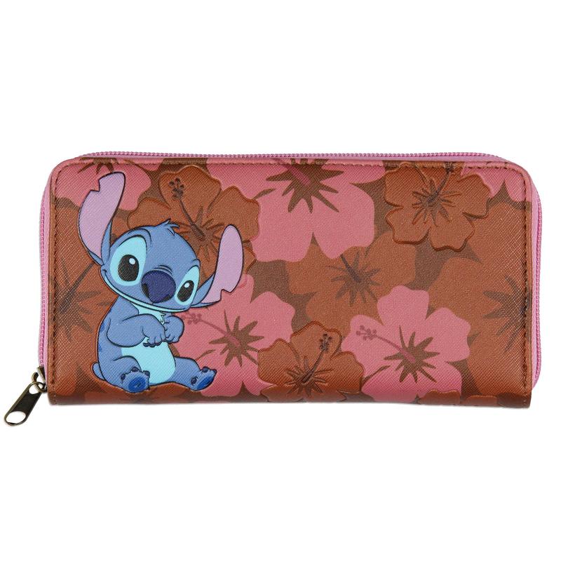 Disney Lilo And Stitch Allover Floral Stamped Design with Stitch Faux Leather Full Zip Wallet Bi-Fold