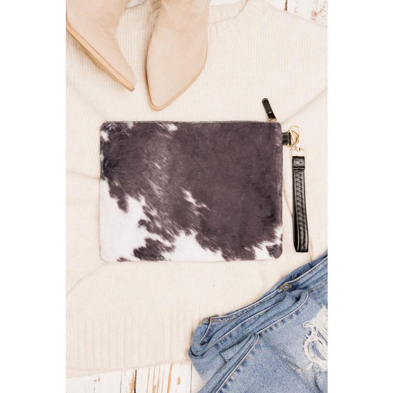 Aili's Corner Faux Fur Cow Animal Print Clutch