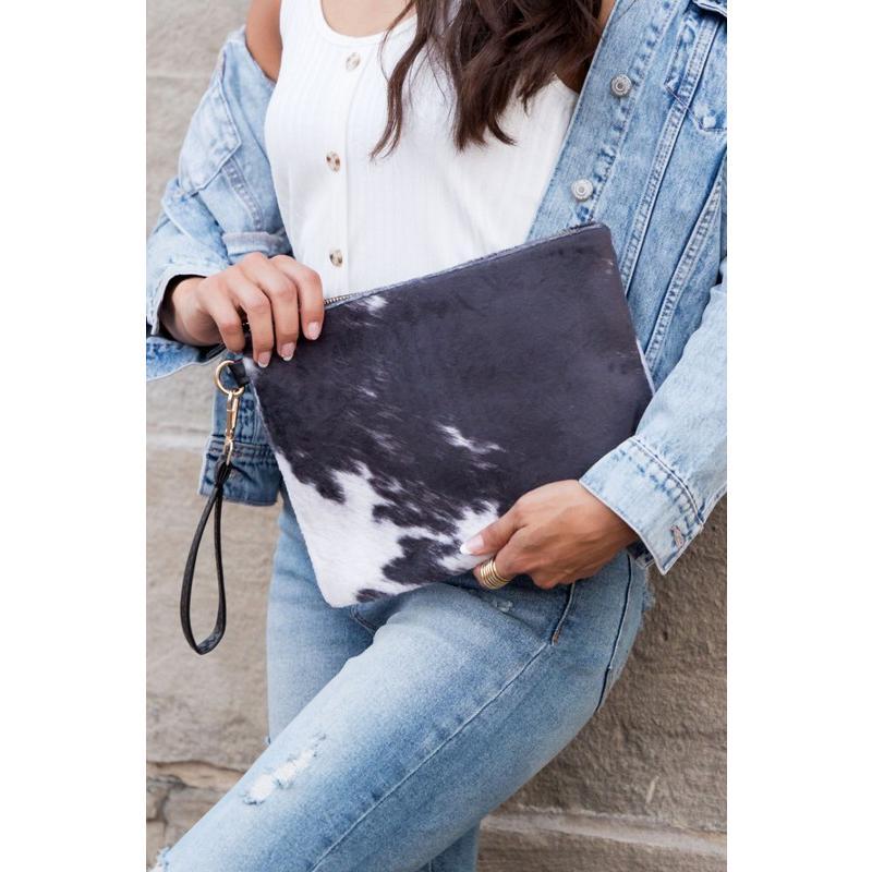 Aili's Corner Faux Fur Cow Animal Print Clutch