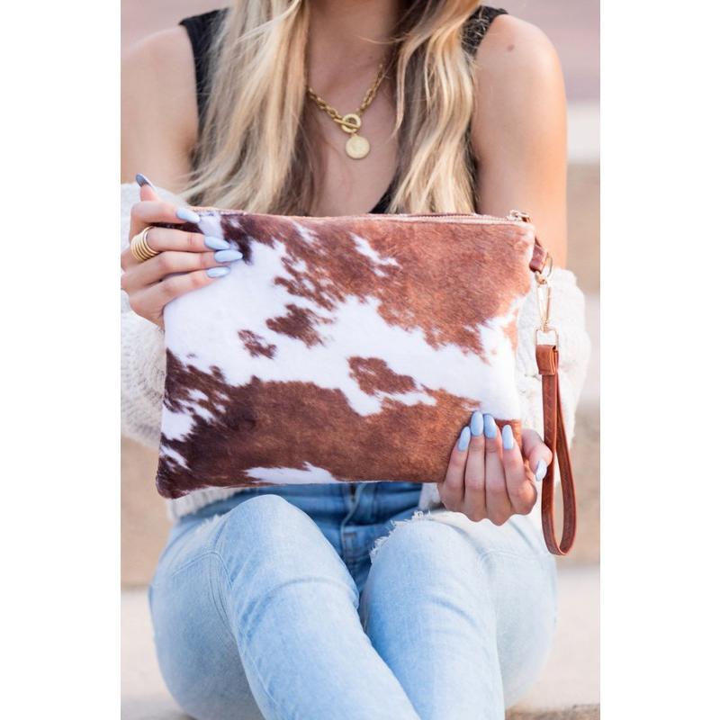 Aili's Corner Faux Fur Cow Animal Print Clutch