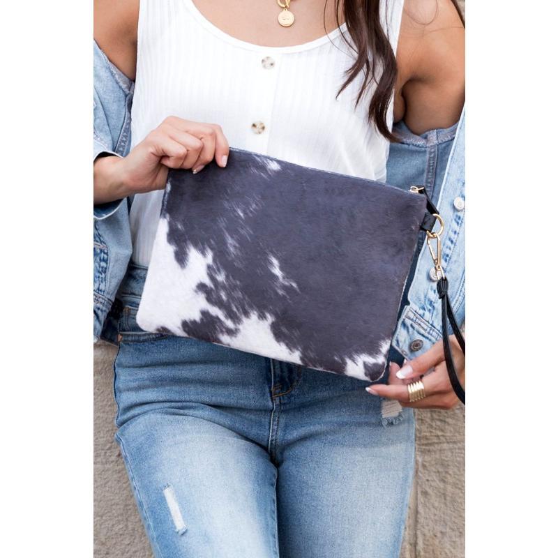 Aili's Corner Faux Fur Cow Animal Print Clutch