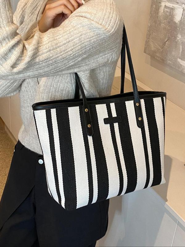 Women's Elegant Striped Pattern Tote Bag, Fashionable Zipper Shoulder Bag for Daily Used, Casual Trendy Versatile High-quality Daily Commuting Bag, Girl Fashionable Shopping Bag