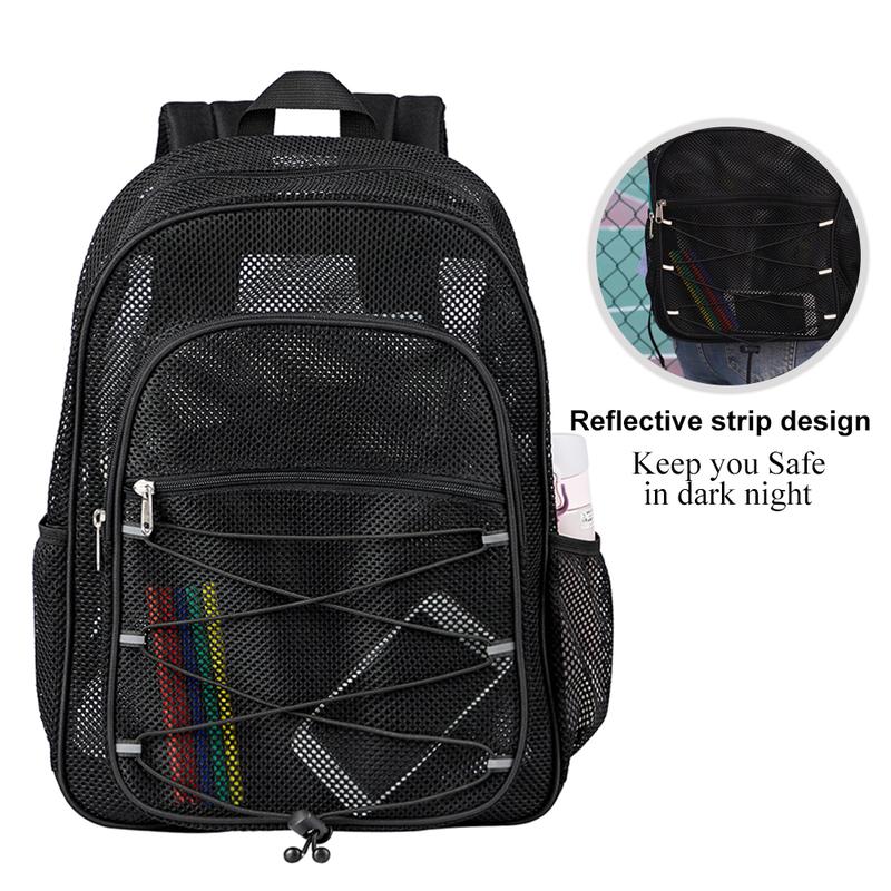 Heavy Duty Mesh Backpack, See Through College Mesh Backpack, Semi-transparent Bookbag with Bungee and Comfort Padded Straps for Commuting, Swimming, Beach, Outdoor Sports