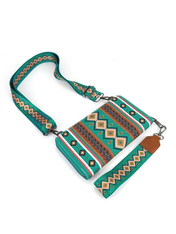 Boho Style Geometric Pattern Decor Zipper Envelope Clutch, Western Aztec Clutch Wristlet with Credit Card Slots, Fashionable Long Wallet for Women Gift