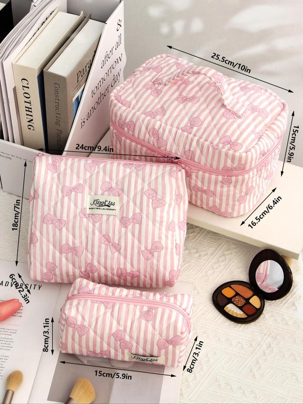 Bow Pattern Quilted Makeup Bag Set, Cute Portable Cosmetic Bag, Multi-functional Large Capacity Storage Bag for Travel & Daily Use