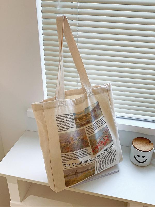 Women's Summer 2024 New Stylish Canvas Graphic Print Tote Bag, Large Capacity Shopping Bags, Simple Casual Slogan Reusable Grocery Bag for Women, Matching Shoulder Bag for School, Office, Work