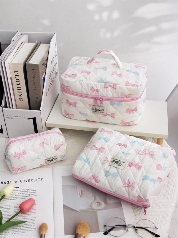 Bow Pattern Quilted Makeup Bag Set, Cute Portable Cosmetic Bag, Multi-functional Large Capacity Storage Bag for Travel & Daily Use