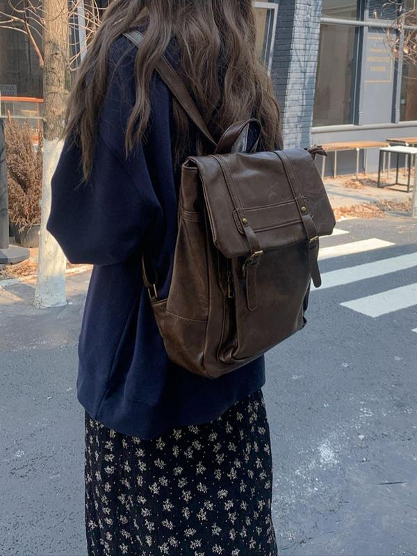 Women's Fashionable Solid Color Backpack, Casual PU Leather Backpack for Daily Used, Trendy Versatile High-quality Daily Commuting Bag