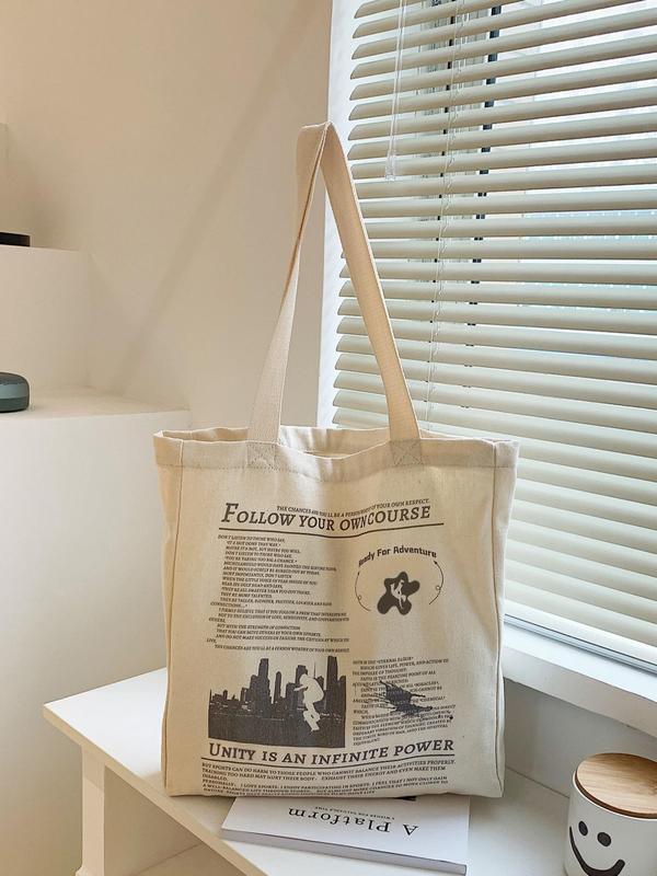 Women's Summer 2024 New Stylish Canvas Graphic Print Tote Bag, Large Capacity Shopping Bags, Simple Casual Slogan Reusable Grocery Bag for Women, Matching Shoulder Bag for School, Office, Work