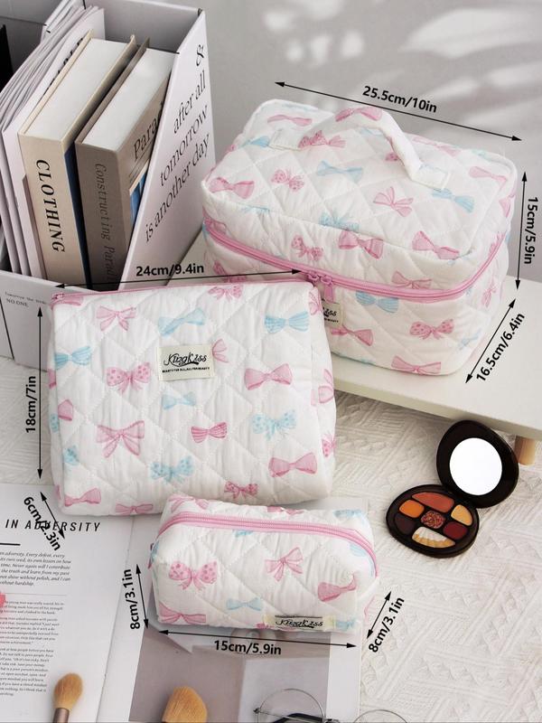 Bow Pattern Quilted Makeup Bag Set, Cute Portable Cosmetic Bag, Multi-functional Large Capacity Storage Bag for Travel & Daily Use