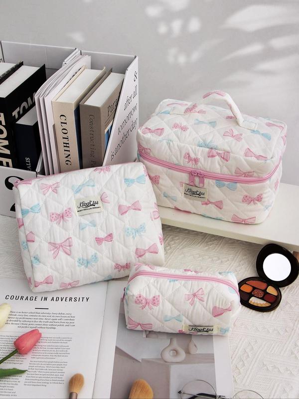 Bow Pattern Quilted Makeup Bag Set, Cute Portable Cosmetic Bag, Multi-functional Large Capacity Storage Bag for Travel & Daily Use