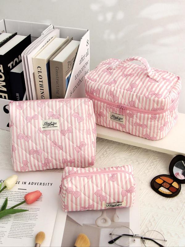 Bow Pattern Quilted Makeup Bag Set, Cute Portable Cosmetic Bag, Multi-functional Large Capacity Storage Bag for Travel & Daily Use