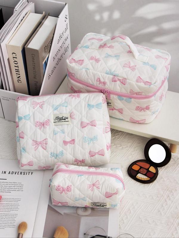 Bow Pattern Quilted Makeup Bag Set, Cute Portable Cosmetic Bag, Multi-functional Large Capacity Storage Bag for Travel & Daily Use