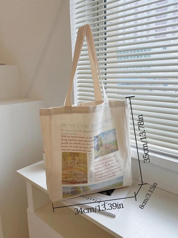 Women's Summer 2024 New Stylish Canvas Graphic Print Tote Bag, Large Capacity Shopping Bags, Simple Casual Slogan Reusable Grocery Bag for Women, Matching Shoulder Bag for School, Office, Work
