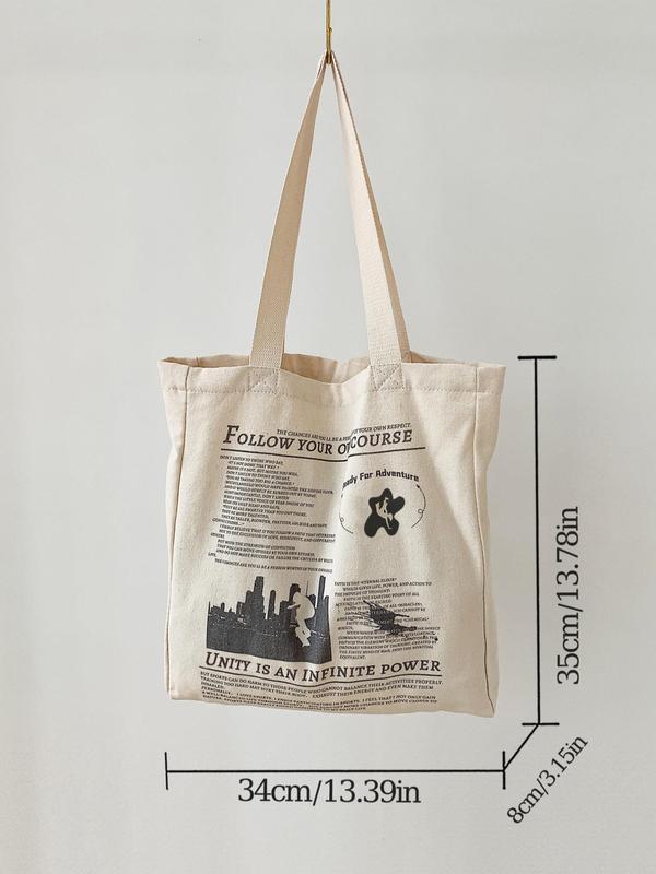 Women's Summer 2024 New Stylish Canvas Graphic Print Tote Bag, Large Capacity Shopping Bags, Simple Casual Slogan Reusable Grocery Bag for Women, Matching Shoulder Bag for School, Office, Work