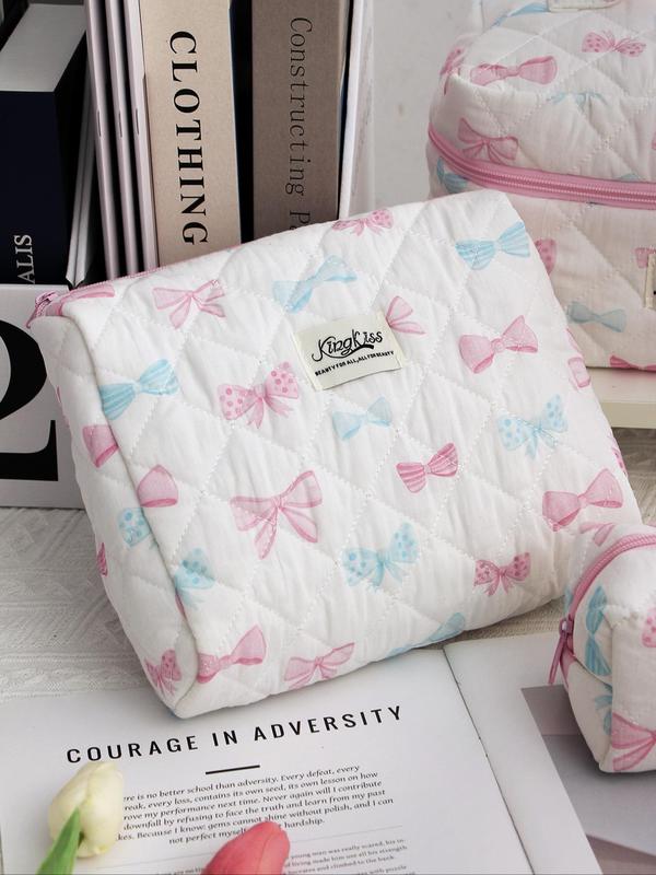 Bow Pattern Quilted Makeup Bag Set, Cute Portable Cosmetic Bag, Multi-functional Large Capacity Storage Bag for Travel & Daily Use