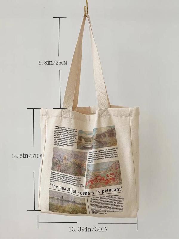 Women's Summer 2024 New Stylish Canvas Graphic Print Tote Bag, Large Capacity Shopping Bags, Simple Casual Slogan Reusable Grocery Bag for Women, Matching Shoulder Bag for School, Office, Work