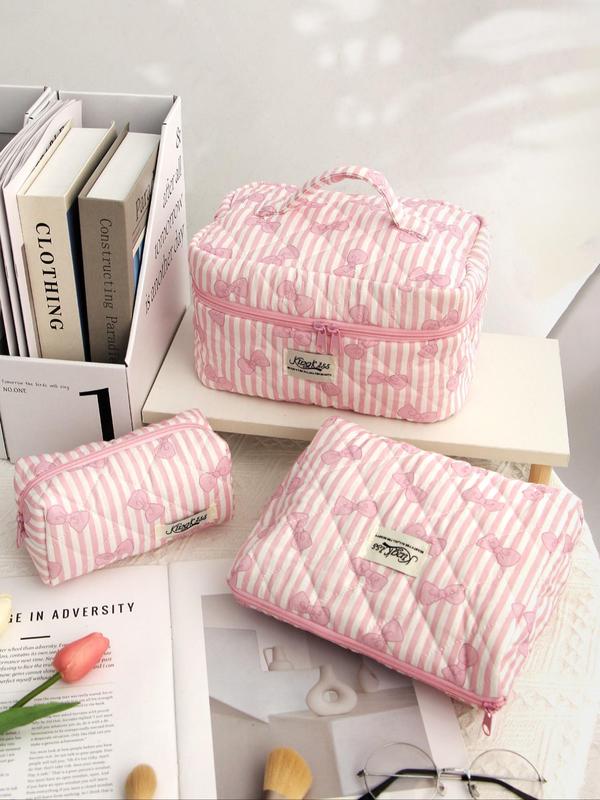 Bow Pattern Quilted Makeup Bag Set, Cute Portable Cosmetic Bag, Multi-functional Large Capacity Storage Bag for Travel & Daily Use