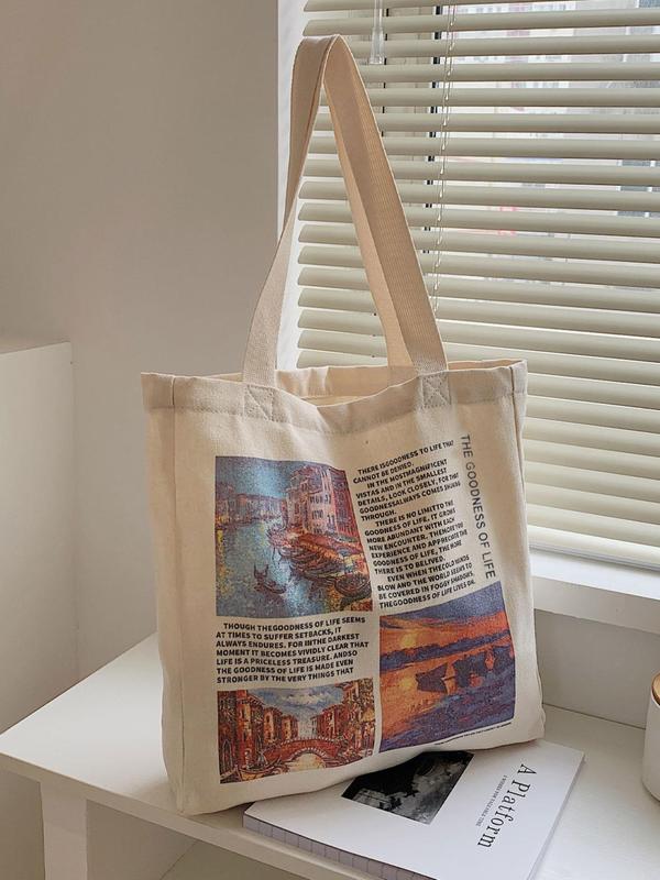 Women's Summer 2024 New Stylish Canvas Graphic Print Tote Bag, Large Capacity Shopping Bags, Simple Casual Slogan Reusable Grocery Bag for Women, Matching Shoulder Bag for School, Office, Work