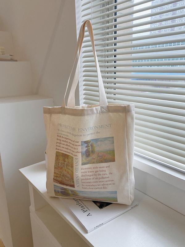 Women's Summer 2024 New Stylish Canvas Graphic Print Tote Bag, Large Capacity Shopping Bags, Simple Casual Slogan Reusable Grocery Bag for Women, Matching Shoulder Bag for School, Office, Work