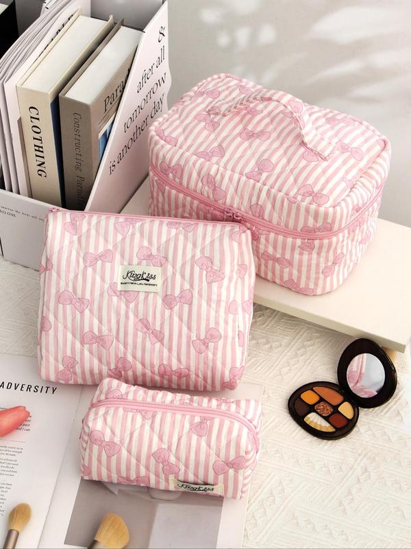 Bow Pattern Quilted Makeup Bag Set, Cute Portable Cosmetic Bag, Multi-functional Large Capacity Storage Bag for Travel & Daily Use