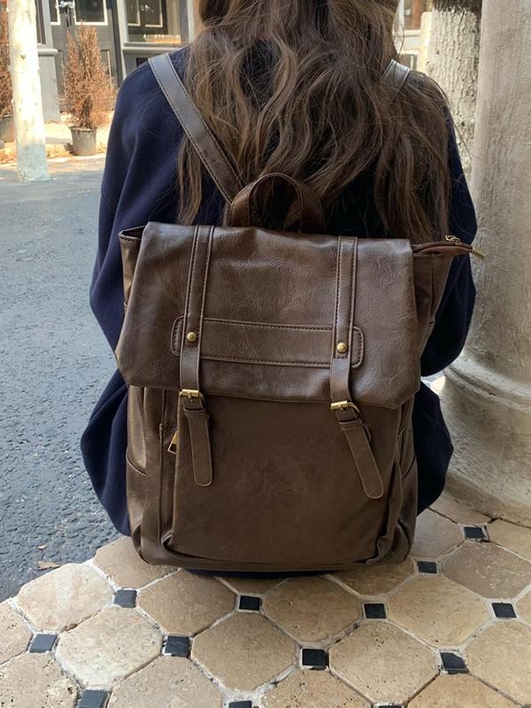Women's Fashionable Solid Color Backpack, Casual PU Leather Backpack for Daily Used, Trendy Versatile High-quality Daily Commuting Bag