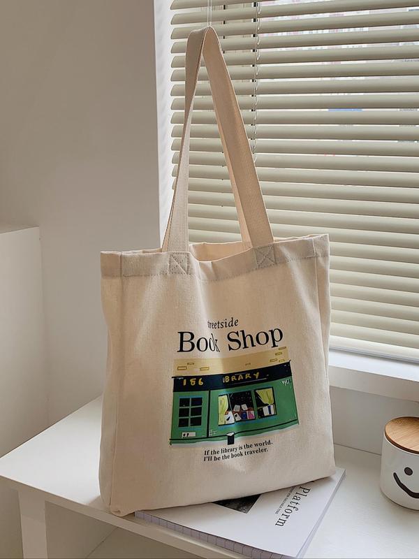 Women's Summer 2024 New Stylish Canvas Graphic Print Tote Bag, Large Capacity Shopping Bags, Simple Casual Slogan Reusable Grocery Bag for Women, Matching Shoulder Bag for School, Office, Work