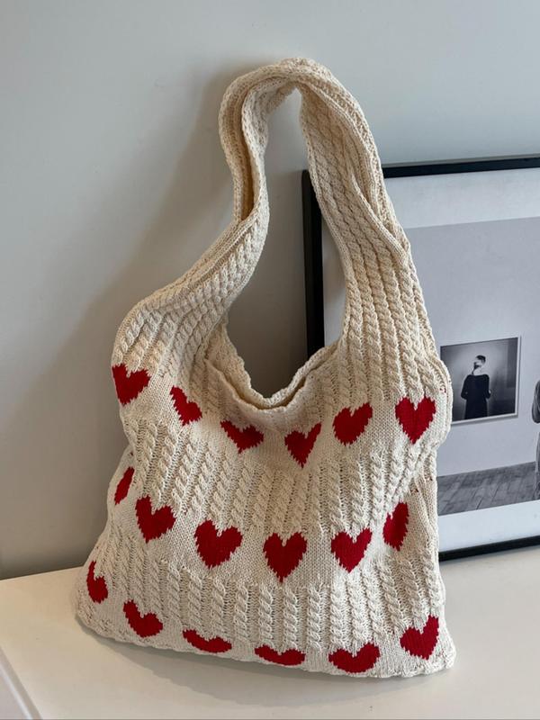 Women's Elegant Heart Pattern Crochet Shoulder Bag, Fashionable Large Capacity Tote Bag for Work & School, Retro Fashion Shoulder Bag for Travel & Vacation