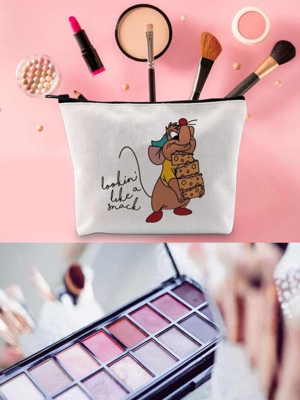 Cartoon Cheese Mouse Pattern Makeup Bag, Letters Print Zipper Makeup Organizer Pouch, Fashionable Gift Pouch for Everyday & Travel Use