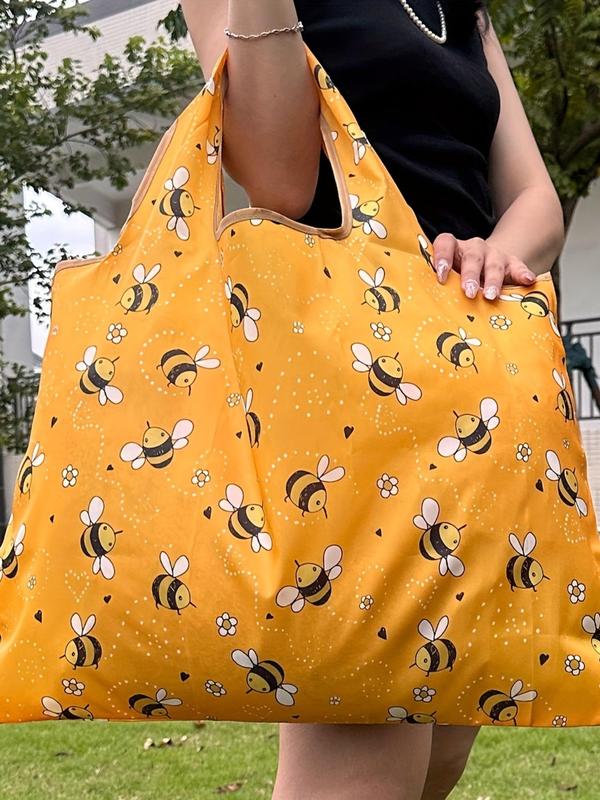 Women's Poratble Cute Bee Print Tote Bag, Large Capacity Foldable Shopping Bag for Daily Used, Lightweight Matching Shoulder Bag