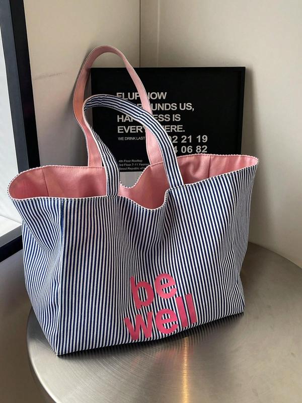 Striped Pattern Letter Design Dual Use Tote Bag, Large Capacity Lightweight Portable Shoulder Bag, Casual Trendy Versatile High-quality Daily Commuting Bag, Girl Fashionable Shopping Bag