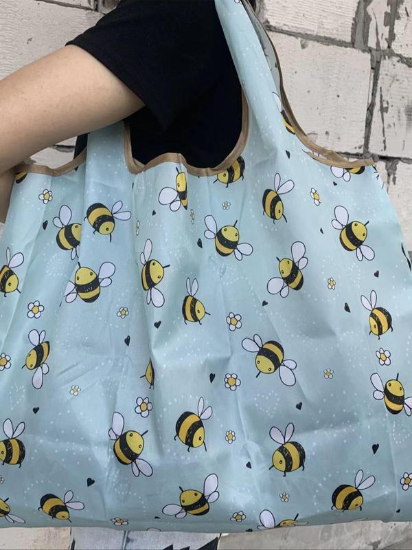 Women's Poratble Cute Bee Print Tote Bag, Large Capacity Foldable Shopping Bag for Daily Used, Lightweight Matching Shoulder Bag