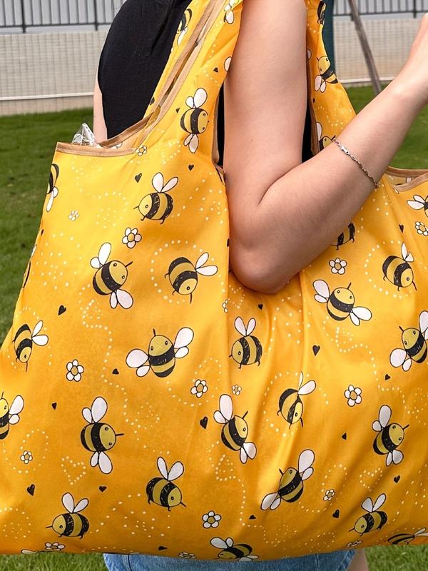 Women's Poratble Cute Bee Print Tote Bag, Large Capacity Foldable Shopping Bag for Daily Used, Lightweight Matching Shoulder Bag