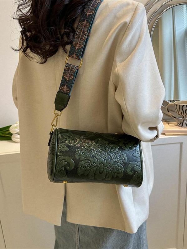 Women's Chinese Ethnic Style Floral Embossed Boston Bag, Fashionable Shoulder Bag, Casual Versatile Crossbody Bag for Daily Used