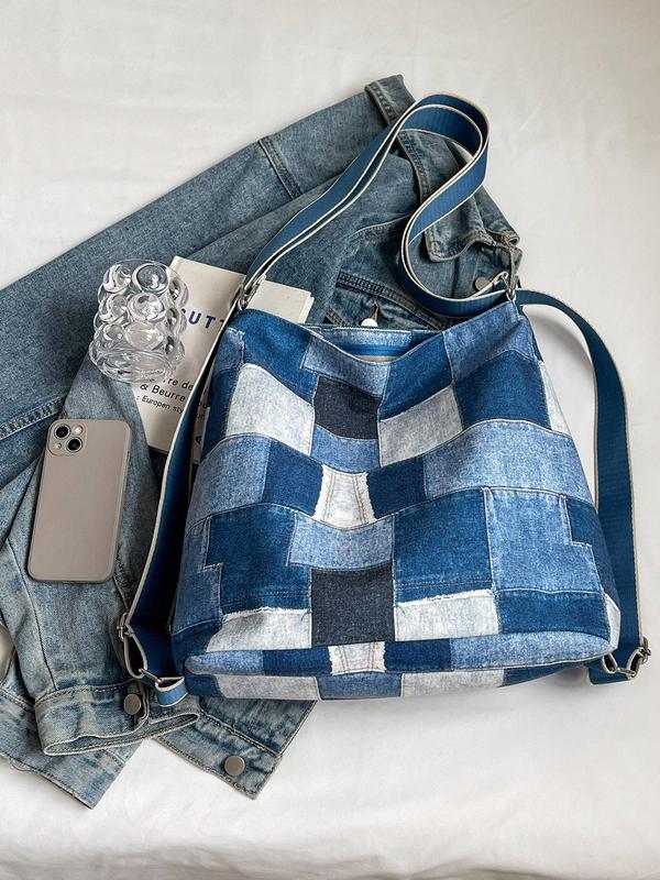 Women's Fashionable Plaid Pattern Tote Bag, 2024 New Style Casual Denim Shoulder Bag for Daily Used, Trendy All-match Bag for Commuters and Students