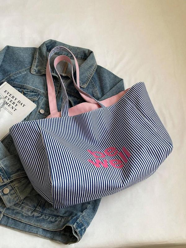 Striped Pattern Letter Design Dual Use Tote Bag, Large Capacity Lightweight Portable Shoulder Bag, Casual Trendy Versatile High-quality Daily Commuting Bag, Girl Fashionable Shopping Bag