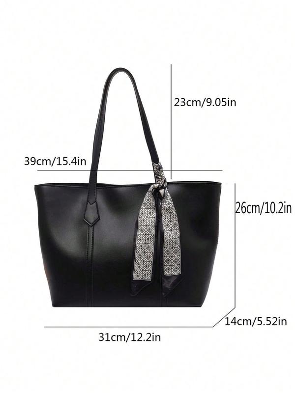 Women's Fashionable Ribbon Decorated Tote Bag, Simple Plain Pu Leather Zipper Shoulder Bag for Women, Large Capacity Handbag for Daily Used