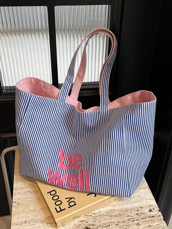 Striped Pattern Letter Design Dual Use Tote Bag, Large Capacity Lightweight Portable Shoulder Bag, Casual Trendy Versatile High-quality Daily Commuting Bag, Girl Fashionable Shopping Bag