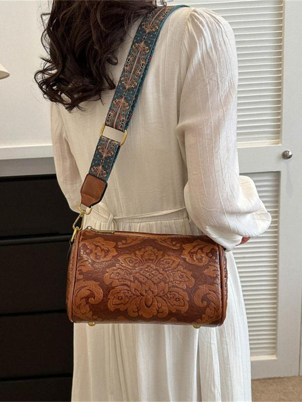 Women's Chinese Ethnic Style Floral Embossed Boston Bag, Fashionable Shoulder Bag, Casual Versatile Crossbody Bag for Daily Used