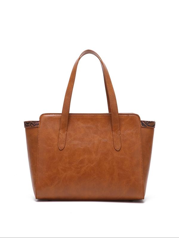 Vintage Pattern Pu Leather Zipper Handbag,  Fashionable Large Capacity Shoulder Bag for Women & Girls, Retro Shoulder Bag for Commuters and Students