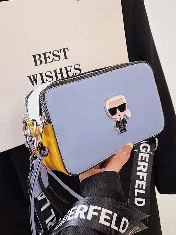 Fashion Cartoon Character Design Square Shoulder Bag, Versatile Letter Decor Strap Zipper Crossbody Bag for Women, Trendy All-match Commuter Bag