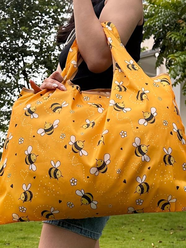 Women's Poratble Cute Bee Print Tote Bag, Large Capacity Foldable Shopping Bag for Daily Used, Lightweight Matching Shoulder Bag