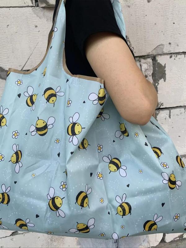 Women's Poratble Cute Bee Print Tote Bag, Large Capacity Foldable Shopping Bag for Daily Used, Lightweight Matching Shoulder Bag