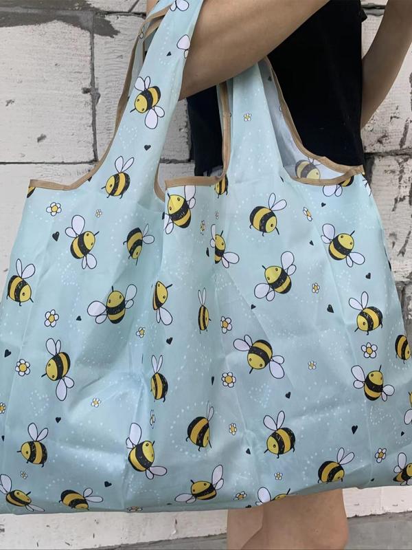 Women's Poratble Cute Bee Print Tote Bag, Large Capacity Foldable Shopping Bag for Daily Used, Lightweight Matching Shoulder Bag