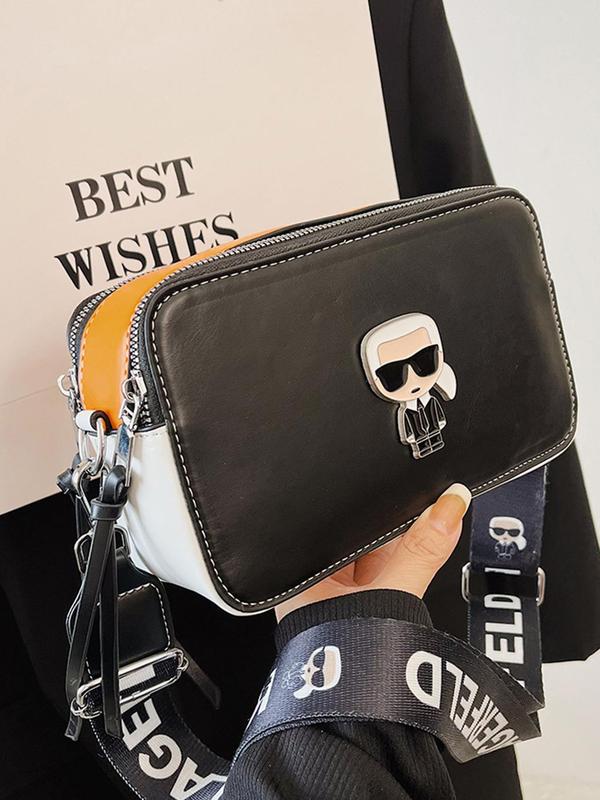 Fashion Cartoon Character Design Square Shoulder Bag, Versatile Letter Decor Strap Zipper Crossbody Bag for Women, Trendy All-match Commuter Bag