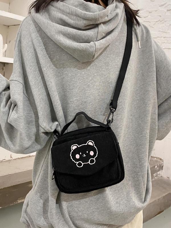 Cute Cartoon Bear Pattern Corduroy Handbag,  Casual Zipper Design with Pocket for Women & Girls, Trendy Versatile High-quality Daily Commuting Bag