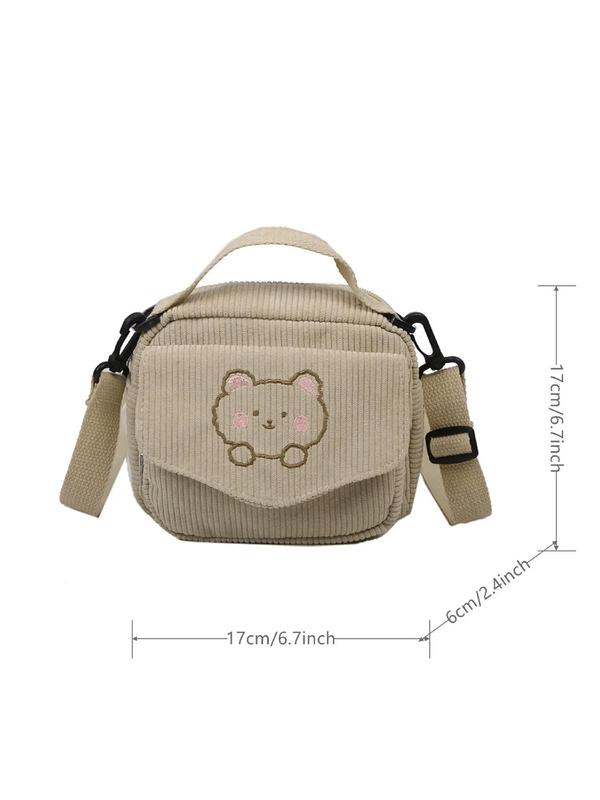 Cute Cartoon Bear Pattern Corduroy Handbag,  Casual Zipper Design with Pocket for Women & Girls, Trendy Versatile High-quality Daily Commuting Bag